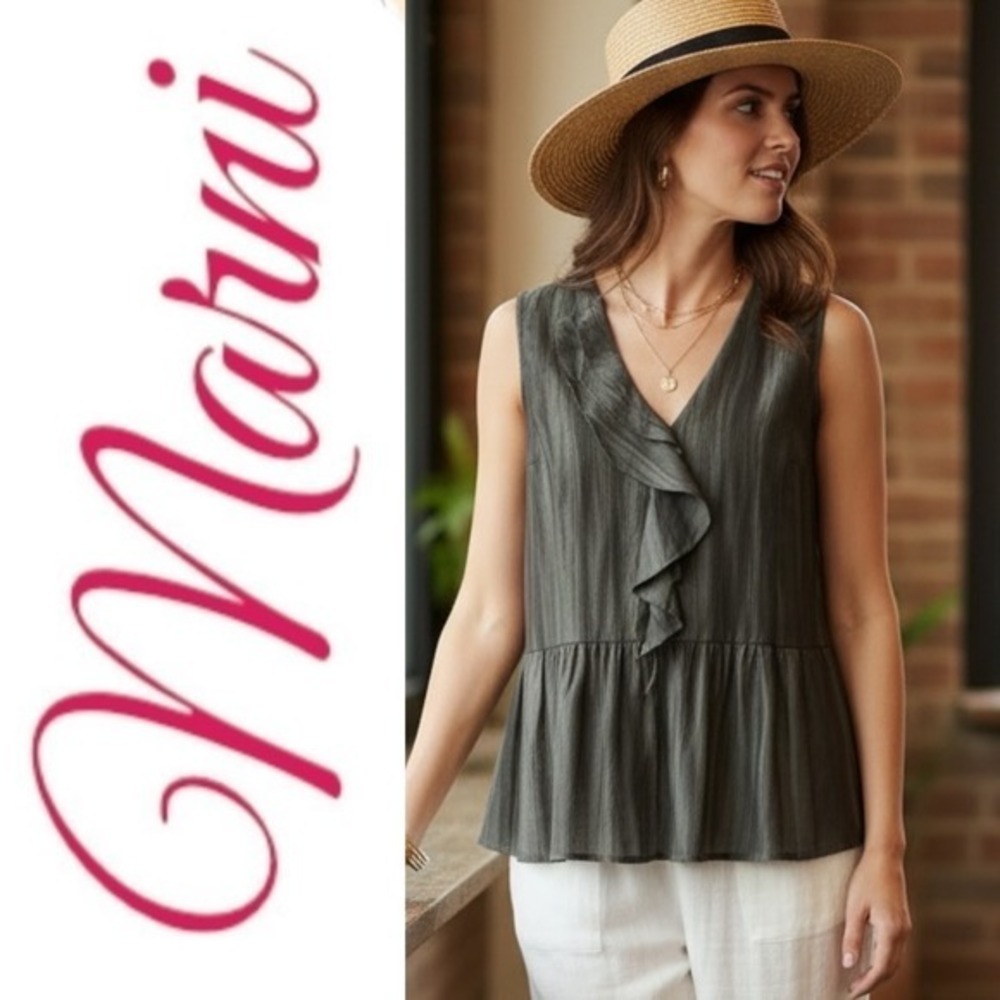 Marni Vintage Silk Blend Sleeveless Ruffle‎ Blouse Olive Green Resortwear, IT 38